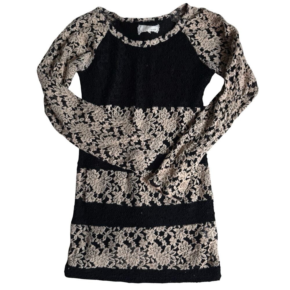 Anthropologie A’reve Lace Mini Dress Tunic Women’s L Black Cream Bow Back